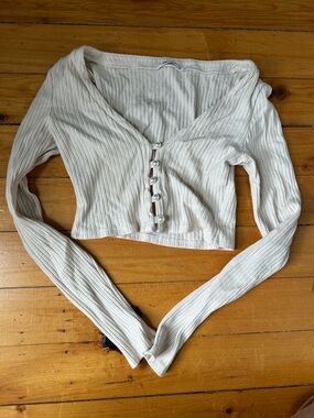 REFORMATION Pearl Button Cropped Cardigan Cream Tan Organic Cotton Tencel XS